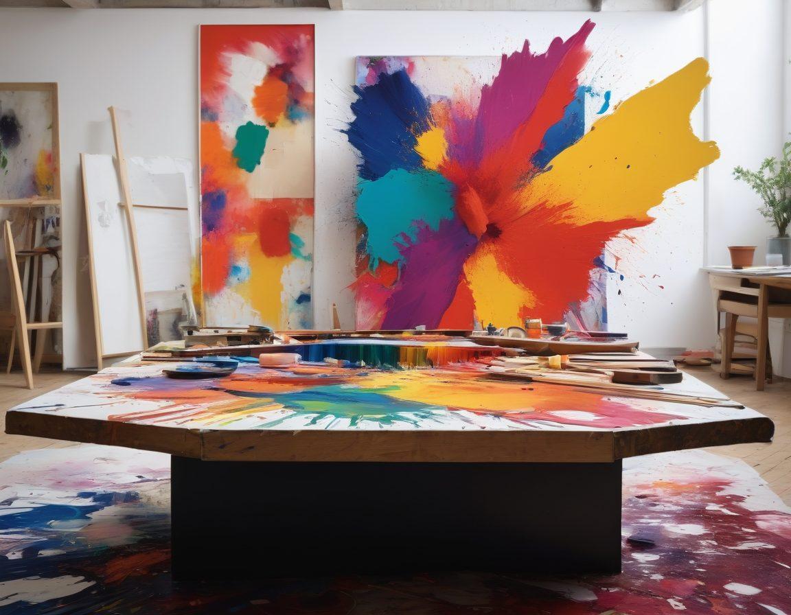 A vibrant collage featuring elements of Martin Klein's diverse artwork, including abstract shapes, intricate designs, and bold colors seamlessly blending into one another. In the foreground, an artist's palette filled with bright paint splatters, symbolizing creativity in motion. The background should depict a modern art studio with sketches and canvases showcasing Klein's influence. The overall composition should evoke inspiration and artistic exploration. super-realistic. vibrant colors. 3D.