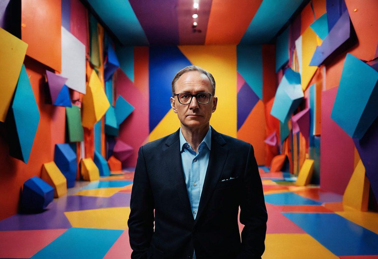 A thought-provoking portrait of Martin Klein, surrounded by vibrant art installations and photography that reflect innovation. The background features abstract shapes and colors blending into a dreamlike landscape, symbolizing creativity and imagination. Incorporate elements of light and shadow to evoke depth in his expressions. Include subtle nods to technology and modern art. surrealistic. vibrant colors. 3D.